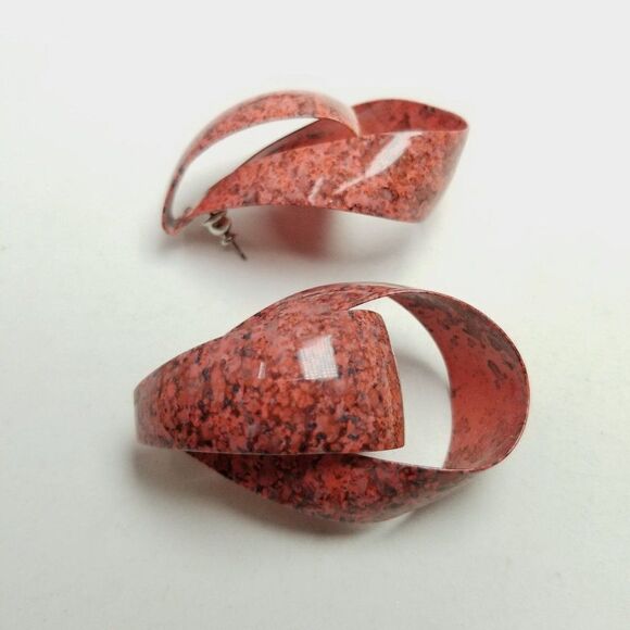 Vintage Pink Marbeled Door Knocker Loop Stud Earrings, Retro 80s Style Estate - Picture 3 of 6